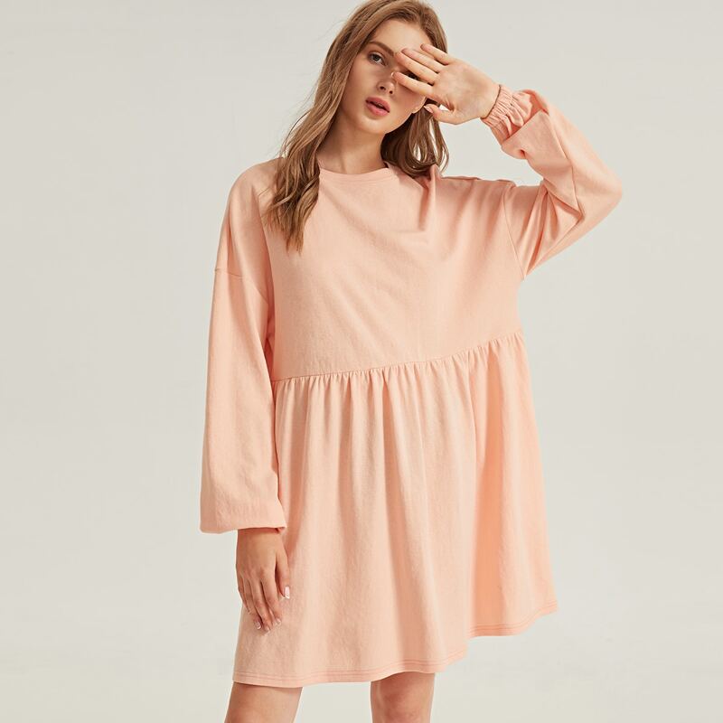 

Drop Shoulder Solid Smock Dress, Pink pastel