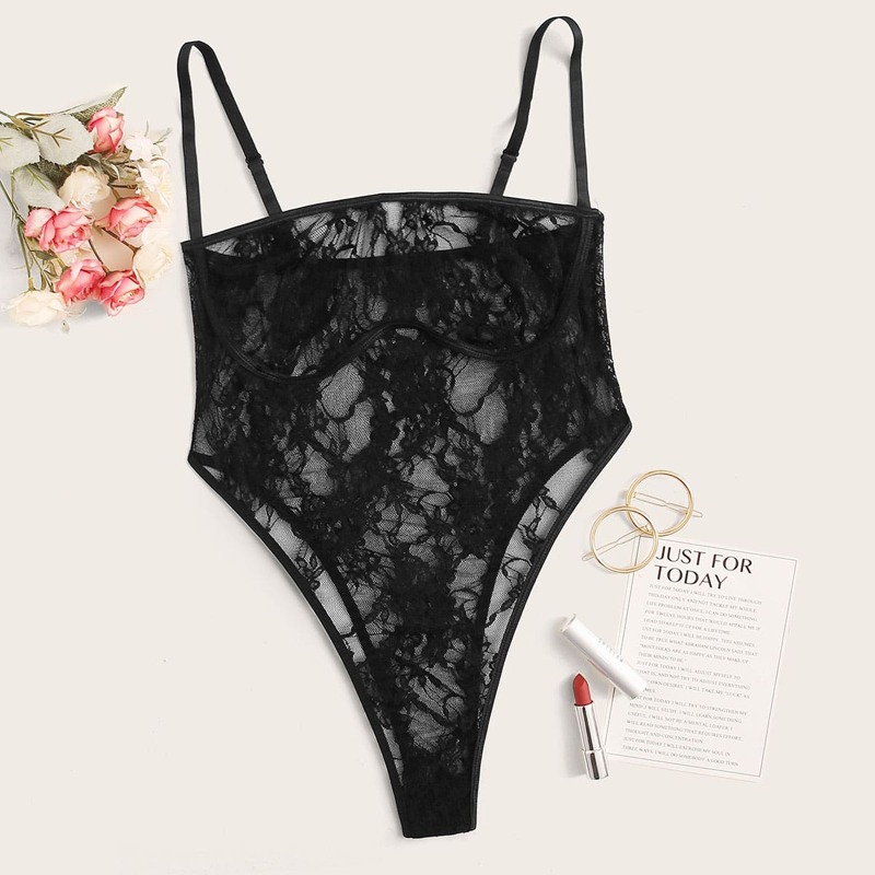 

Floral Lace Sheer Teddy Bodysuit, Black