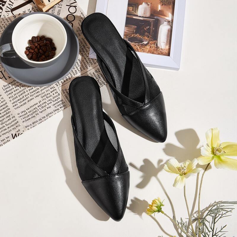

Point Toe Mesh Panel Flat Mules, Black