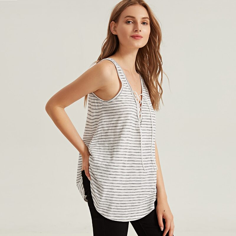 

Lace-up Curved Hem Striped Tank Top, Multicolor