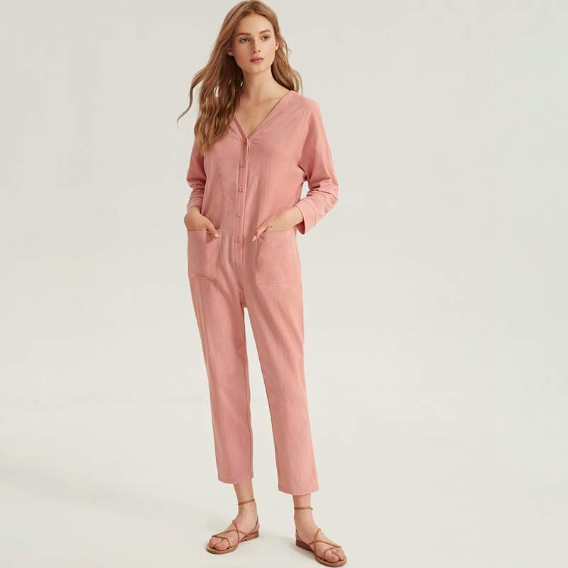 

Drop Shoulder Button Front Pocket Patched Jumpsuit, Pink pastel