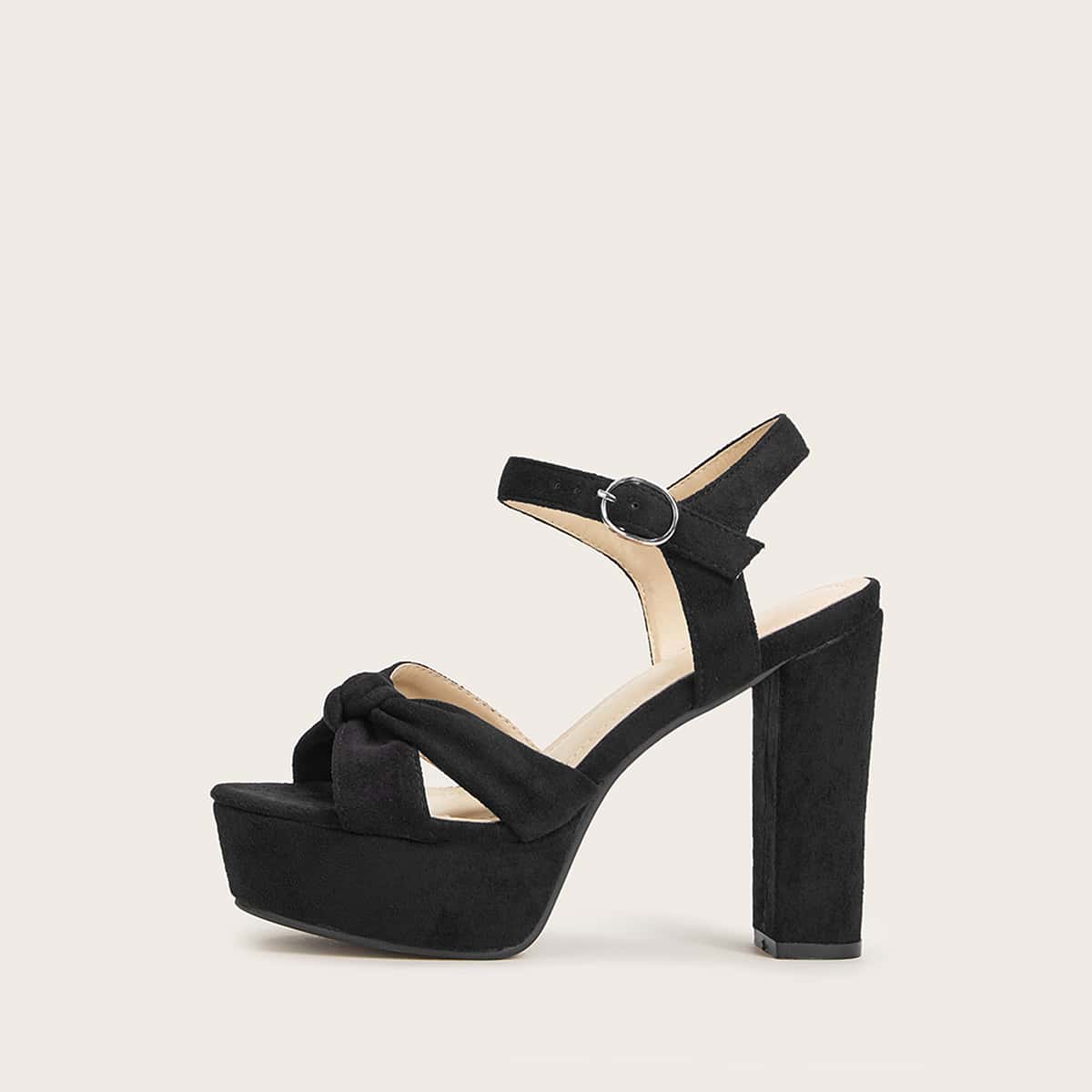 

Knot Detail Open Toe Ankle Strap Chunky Heels, Black