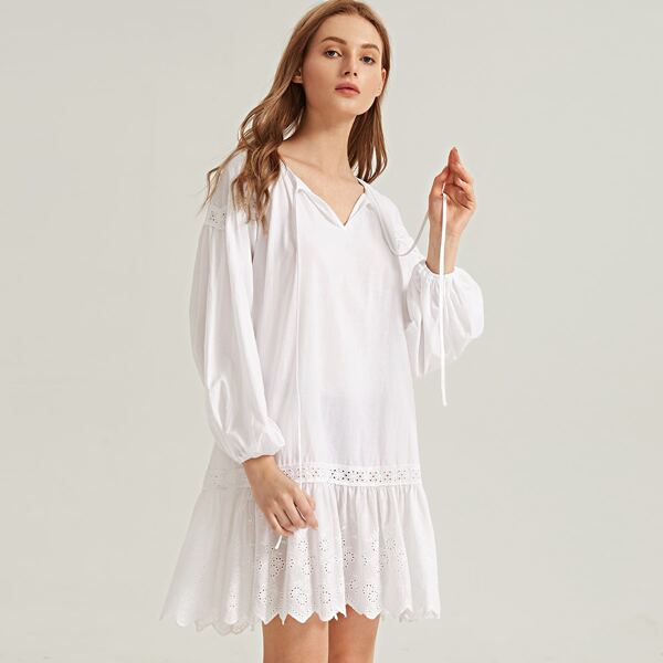 

Eyelet Embroidered Panel Raglan Sleeve Smock Dress, White