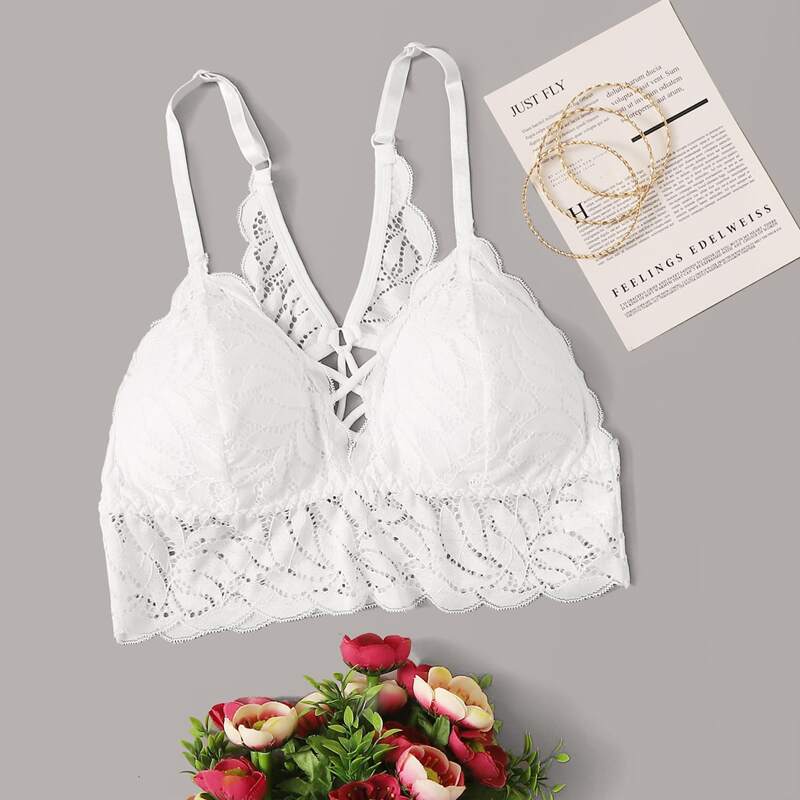 

Lace Trim Crisscross Bralette, White