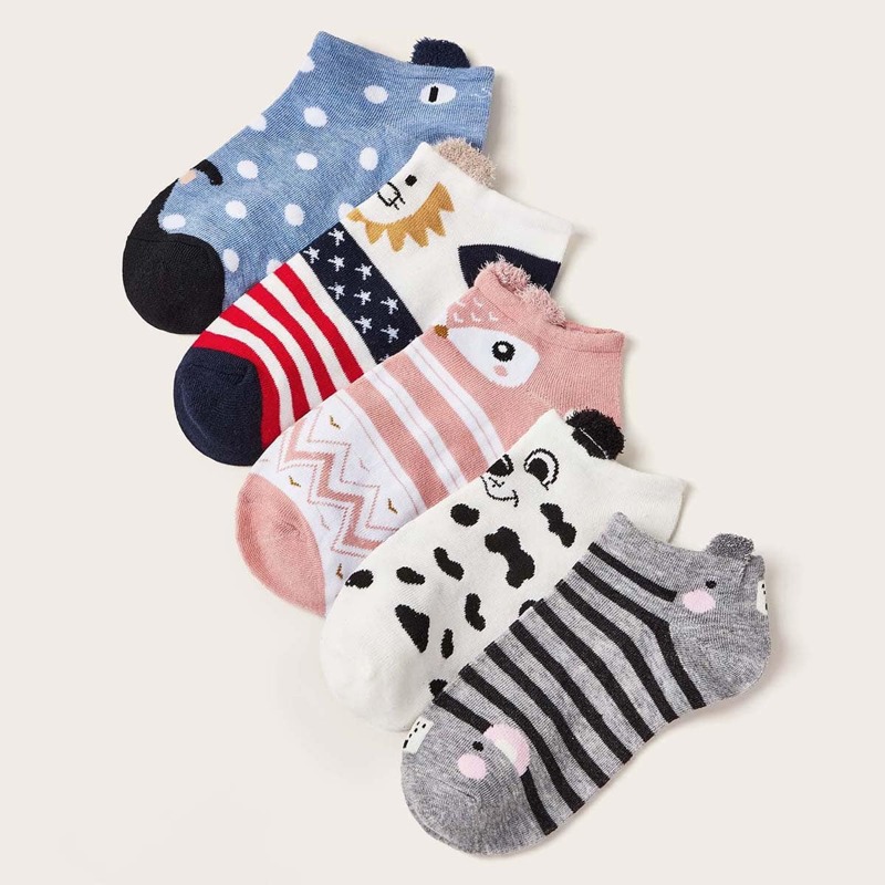 

5pairs Striped & Cartoon Graphic Ankle Socks, Multicolor