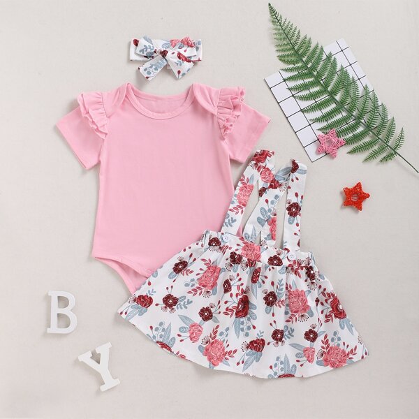 

Baby Girl Ruffle Trim Romper & Floral Print Pinafore Skirt & Headband, Multicolor