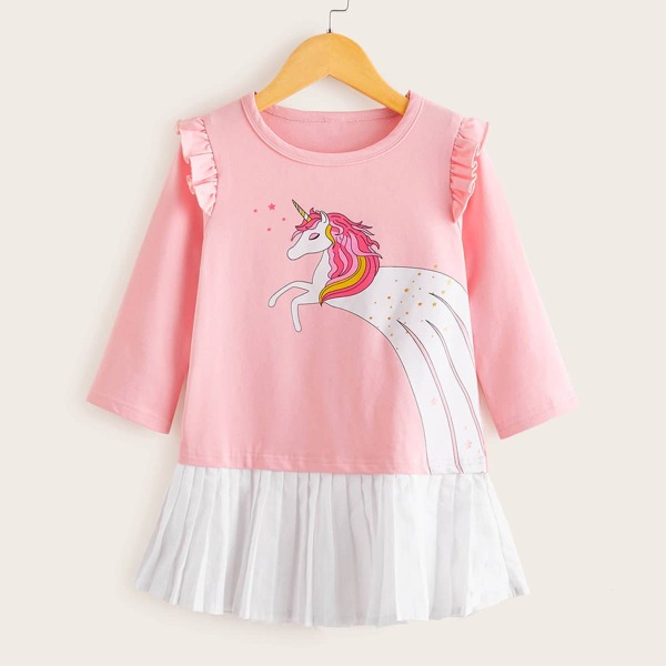 

Toddler Girls Cartoon Graphic Pleated Hem Combo Tee Dress, Baby pink