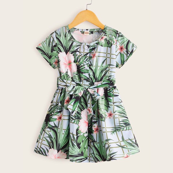 

Toddler Girls Plants And Floral Print Self Tie Shirt Dress, Multicolor