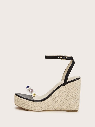 Rhinestone Decor Ankle Strap Espadrille Wedges