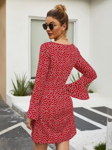 Ditsy Floral Flounce Sleeve Dress - Rose Red - View 2