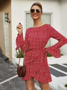 Ditsy Floral Flounce Sleeve Dress - Rose Red - View 4