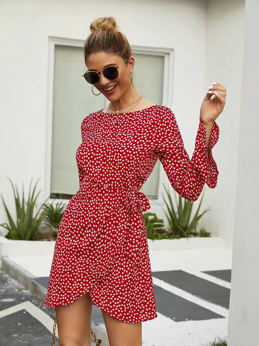 Ditsy Floral Flounce Sleeve Dress - Rose Red - View 1