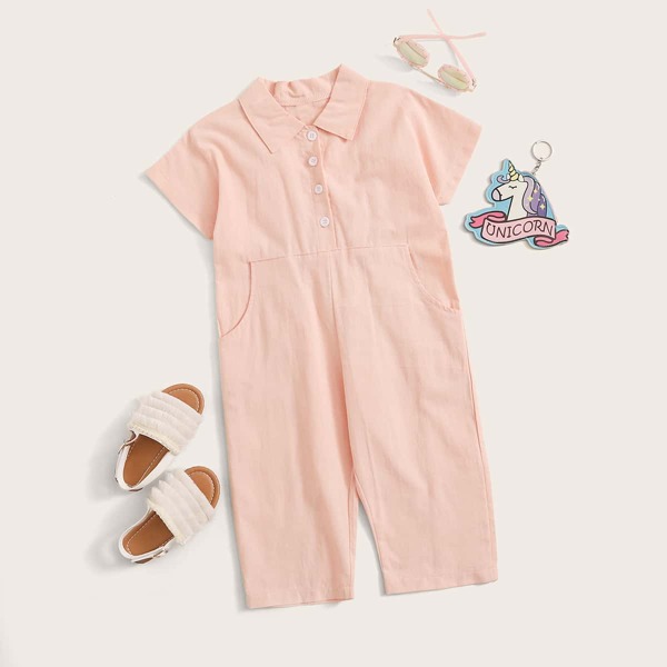 

Toddler Girls Slant Pocket Button Front Shirt Jumpsuit, Pink