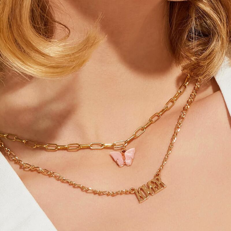 

1pc Letter & Butterfly Charm Layered Chain Necklace, Gold