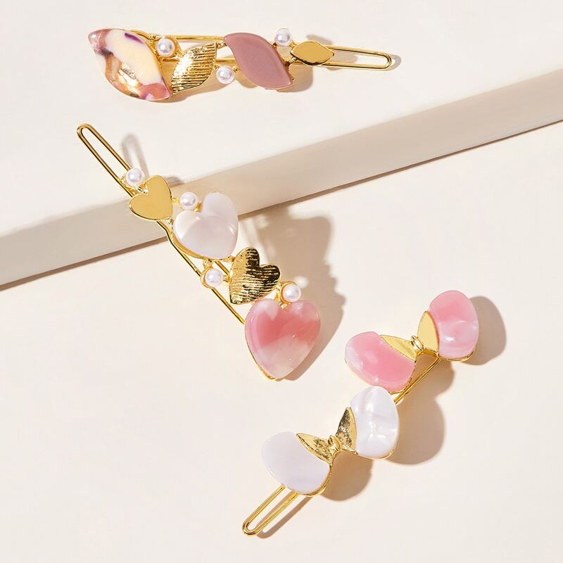 

3pcs Faux Pearl & Heart Decor Hair Clip, Multicolor