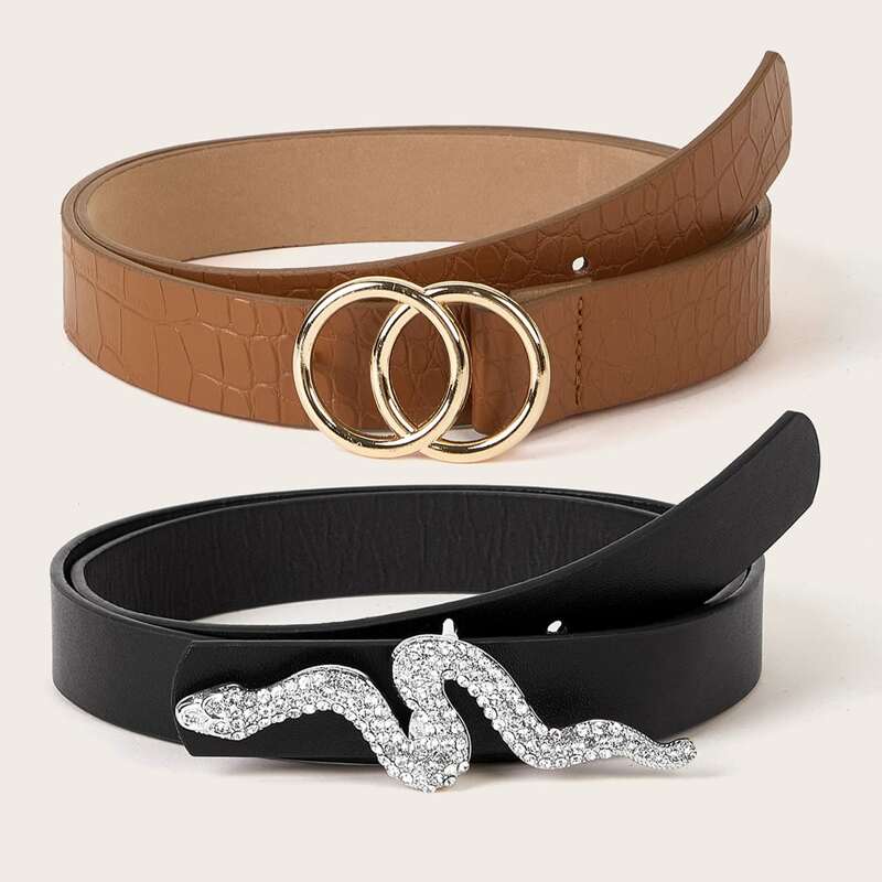 

2pcs Croc Pattern Serpentine & O-ring Buckle Belt, Multicolor