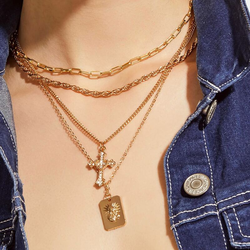 

1pc Cross & Tag Charm Layered Necklace, Gold