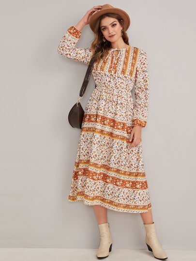 Tie Neck Floral Print Dress