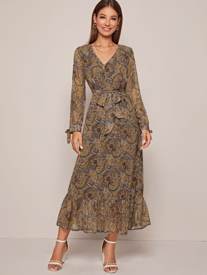 Knot Cuff Self Tie Chiffon Dress