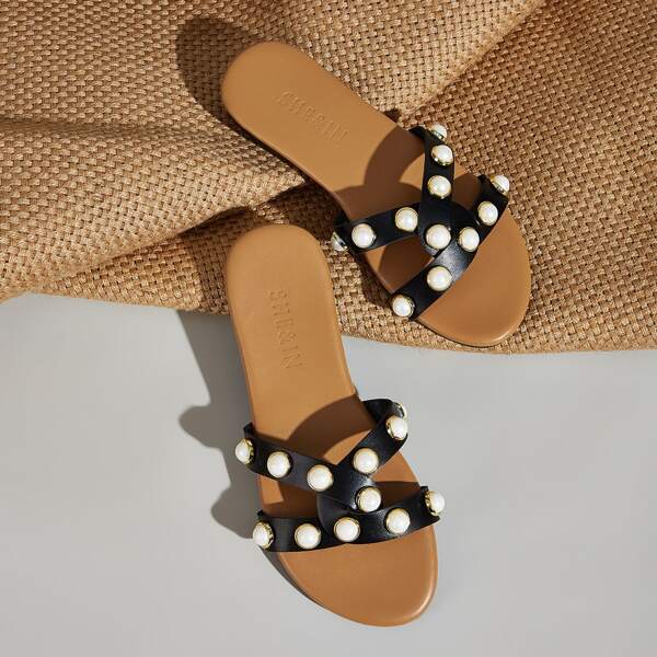 

Faux Pearl Decor Open Toe Sliders, Multicolor