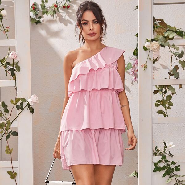 

One Shoulder Tiered Layered Dress, Pink
