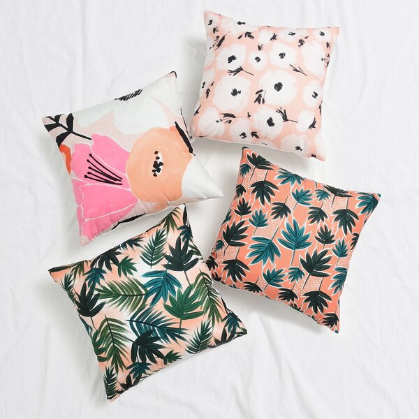

1pc Leaf & Flower Print Cushion Cover Without Filler, Multicolor