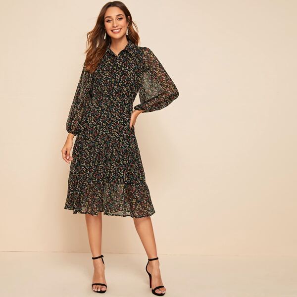 

Floral Print Ruffle Hem Dress, Black