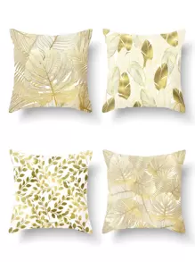 1pc Gold Tropical Leaves Print Pillow Cover Without Pillow Core, Modern Style Printed Velvet Square Pillowcase For Living Room, Bedroom, Home, Sofa, Car Decor, All Seasons Compatible - Multicolor - View 1