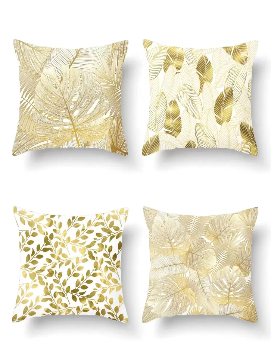 1pc Gold Tropical Leaves Print Pillow Cover Without Pillow Core, Modern Style Printed Velvet Square Pillowcase For Living Room, Bedroom, Home, Sofa, Car Decor, All Seasons Compatible - Multicolor - View 1