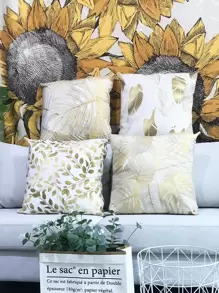 1pc Gold Tropical Leaves Print Pillow Cover Without Pillow Core, Modern Style Printed Velvet Square Pillowcase For Living Room, Bedroom, Home, Sofa, Car Decor, All Seasons Compatible - Multicolor - View 6