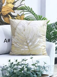 1pc Gold Tropical Leaves Print Pillow Cover Without Pillow Core, Modern Style Printed Velvet Square Pillowcase For Living Room, Bedroom, Home, Sofa, Car Decor, All Seasons Compatible - Multicolor - View 9