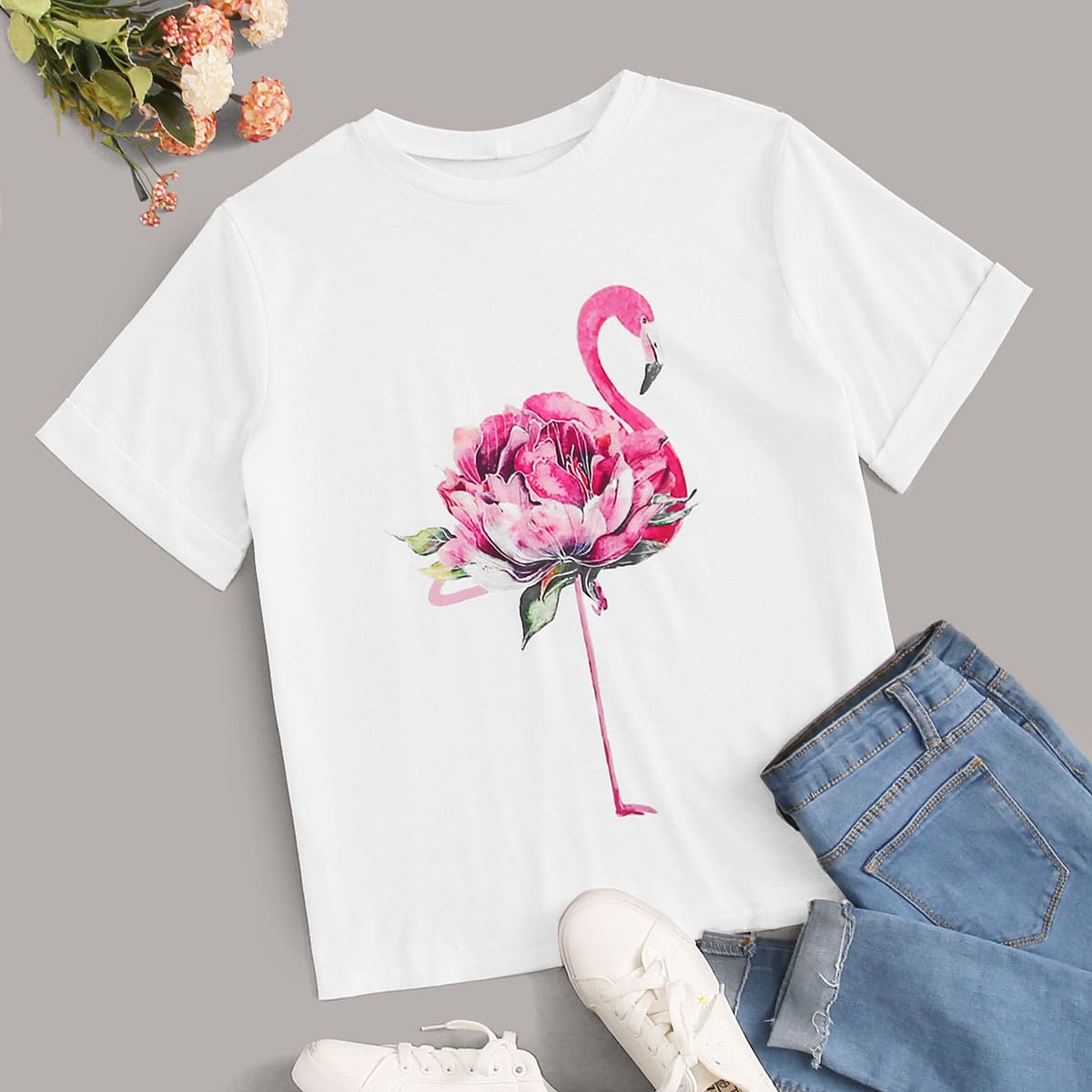 

Flamingo & Floral Print Tee, White
