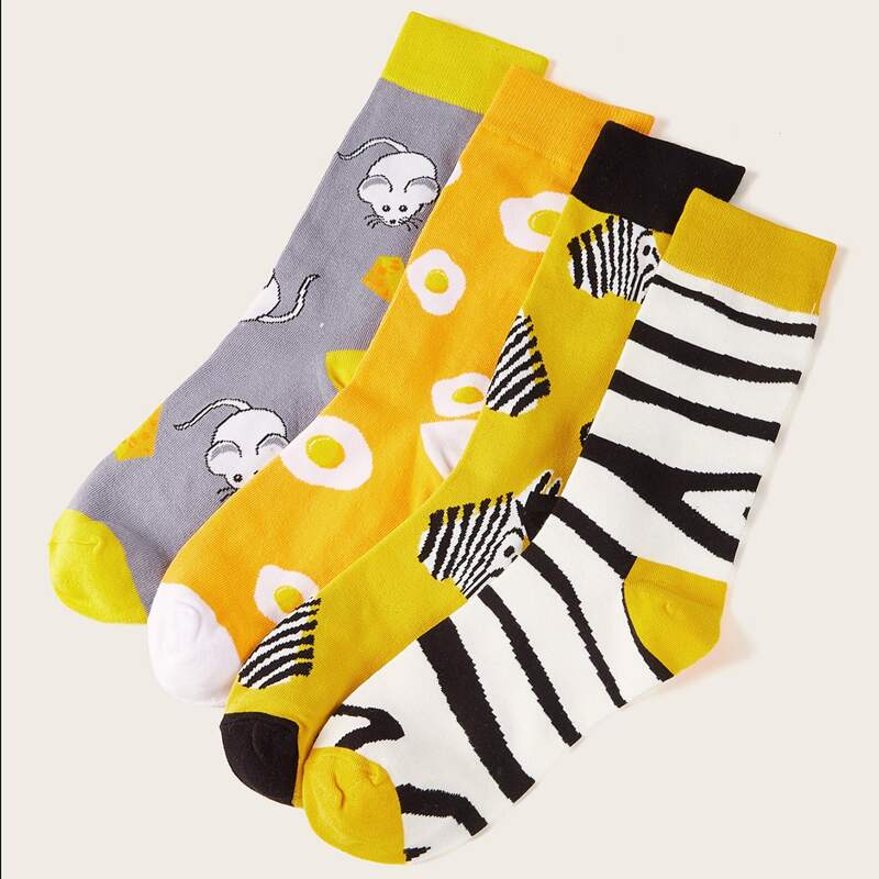

4pairs Zebra Striped & Egg Pattern Socks, Multicolor