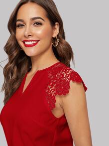 SHEIN v領緹花蕾絲插肩袖上衣 - 酒紅色 - 查看 3