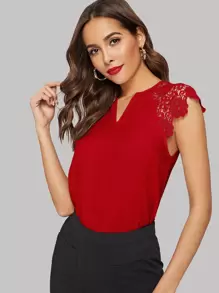 SHEIN v領緹花蕾絲插肩袖上衣 - 酒紅色 - 查看 1