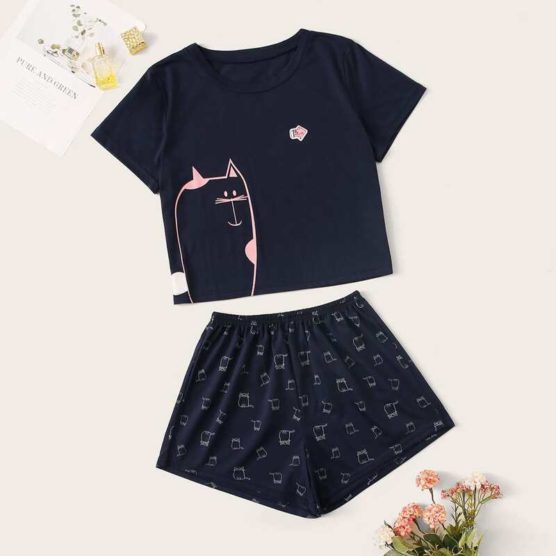 

Cartoon Graphic PJ Set, Navy