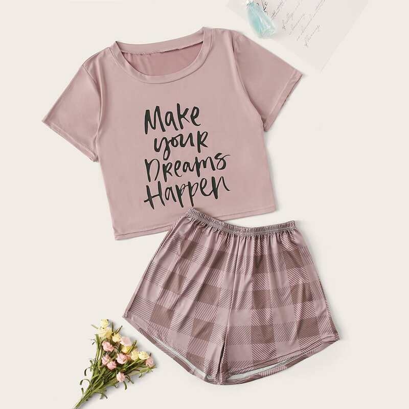 

Slogan Graphic Tee & Plaid Shorts PJ Set, Nude