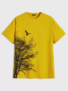 Manfinity Homme Men Cotton Tree & Bird Print Tee - Yellow - View 1