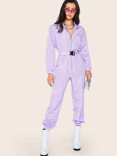 O-ring Zipper Front Windbreaker Jumpsuit With Push Buckle Belt