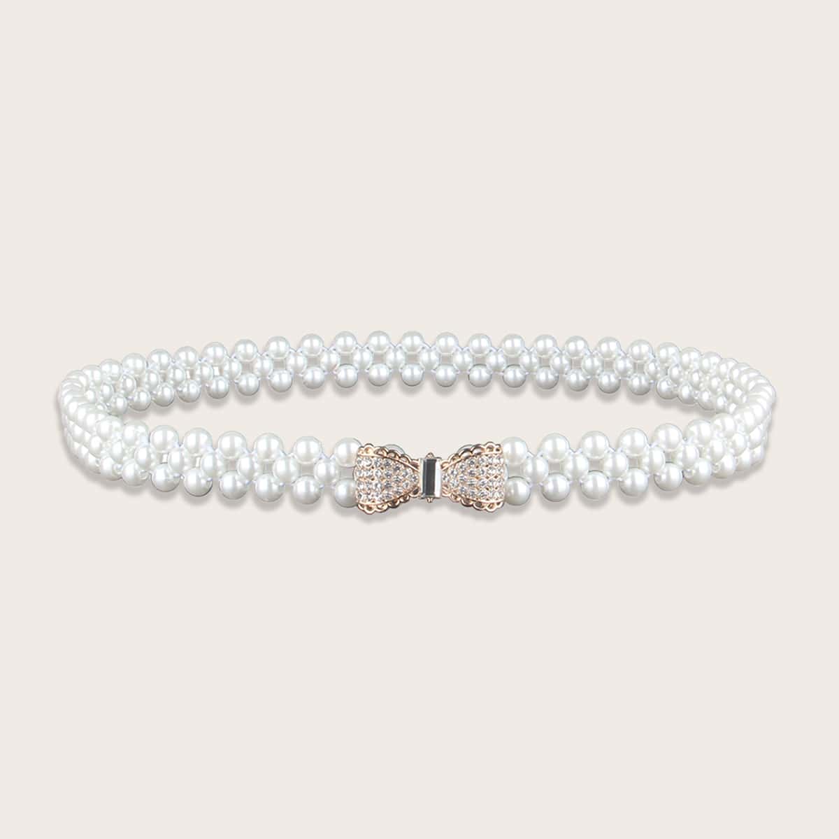 

Bow Knot Decor Faux Pearl Beaded Waist Chain Belt, White