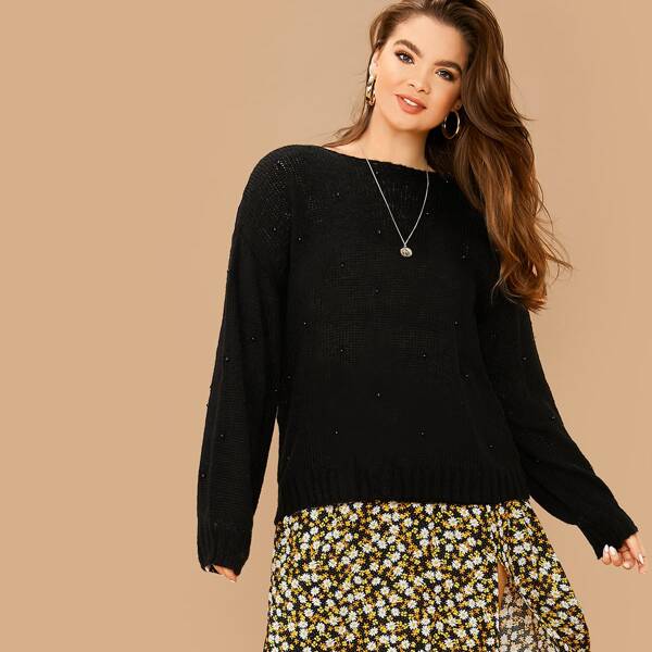 

Plus Pearl Beaded Solid Sweater, Black