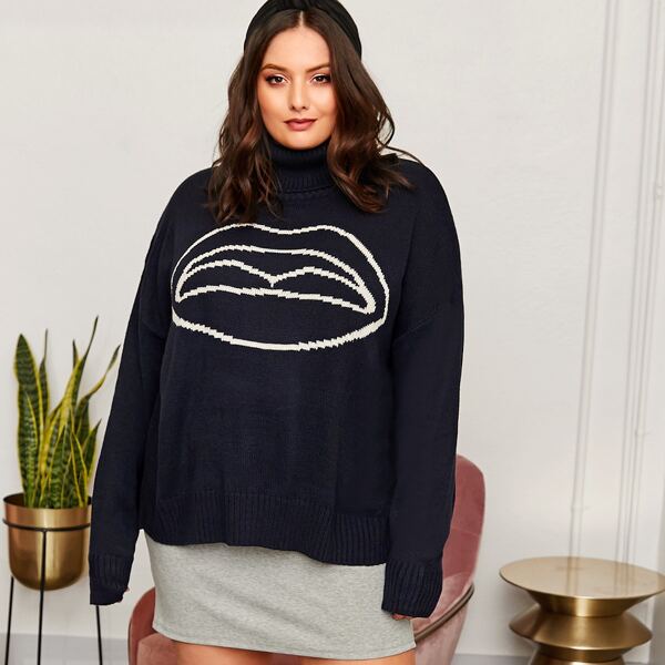 

Plus Turtleneck Lip Pattern Sweater, Navy