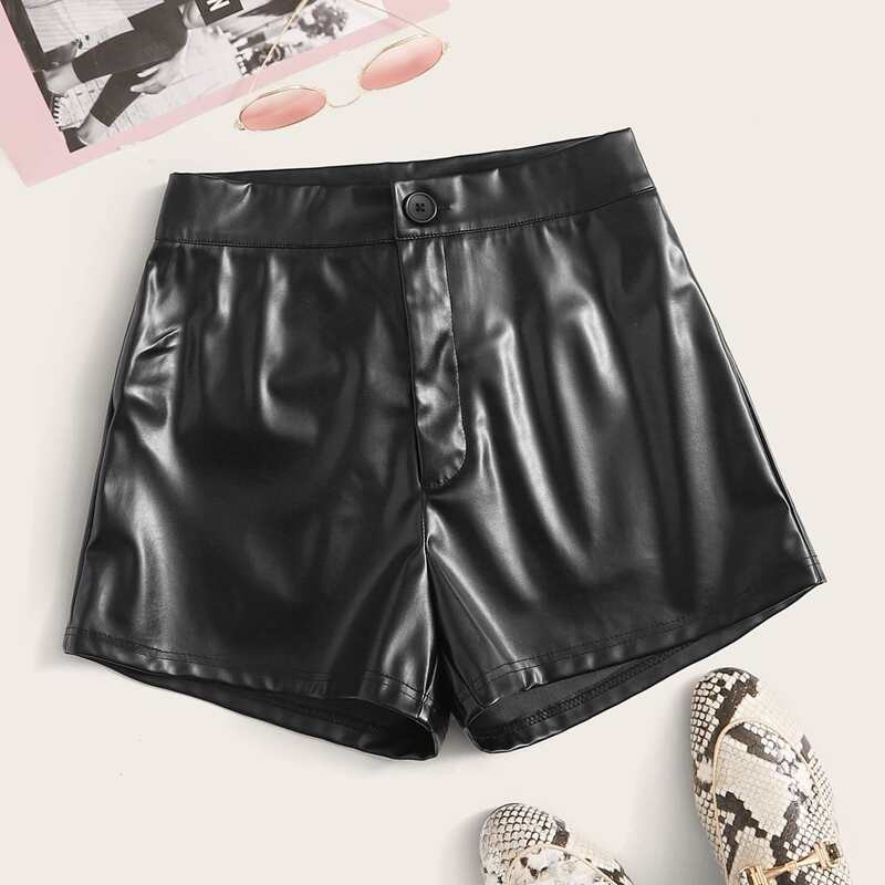 

Buttoned Waist PU Leather Shorts, Black