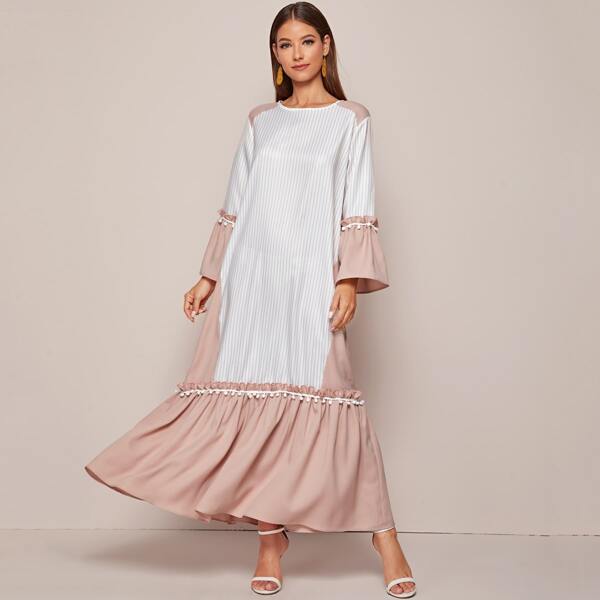 

Contrast Striped Panel Frill Trim Smock Dress, Multicolor