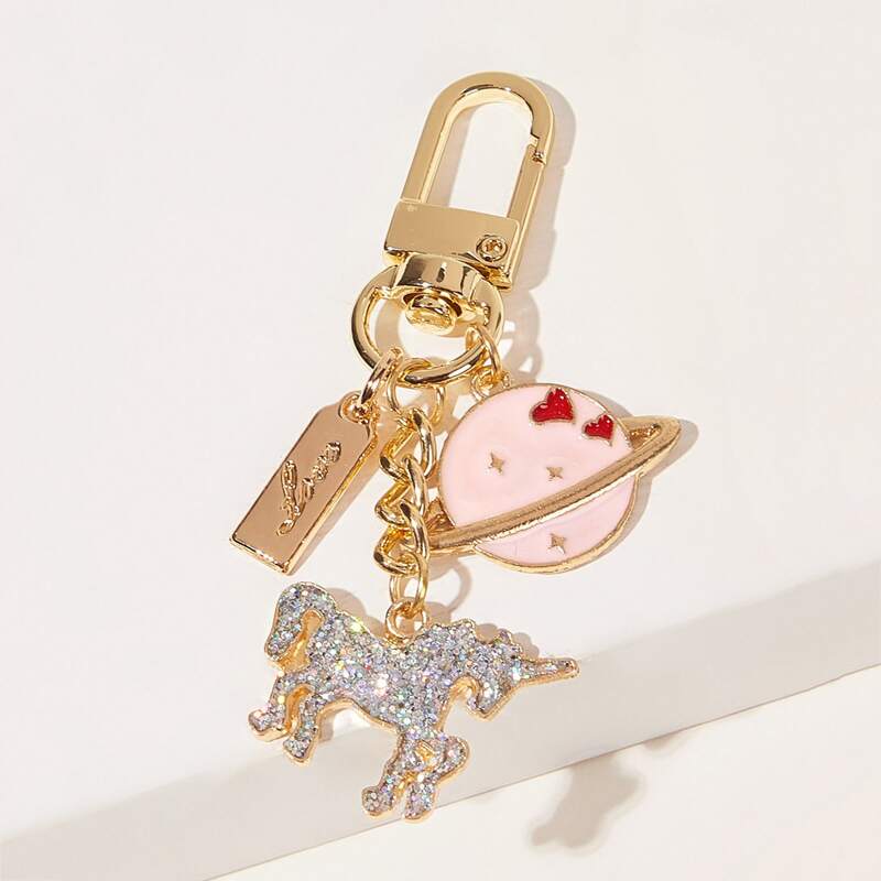 

Unicorn & Planet Charm Keychain, Multicolor