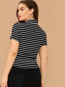 SHEIN Essnce Áo thun sọc tay ngắn cổ bẻ Plus, mùa hè - Đen và trắng - Xem 2