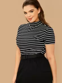 SHEIN Essnce Áo thun sọc tay ngắn cổ bẻ Plus, mùa hè - Đen và trắng - Xem 3