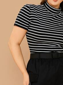 SHEIN Essnce Áo thun sọc tay ngắn cổ bẻ Plus, mùa hè - Đen và trắng - Xem 4