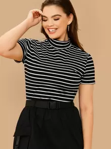 SHEIN Essnce Áo thun sọc tay ngắn cổ bẻ Plus, mùa hè - Đen và trắng - Xem 1