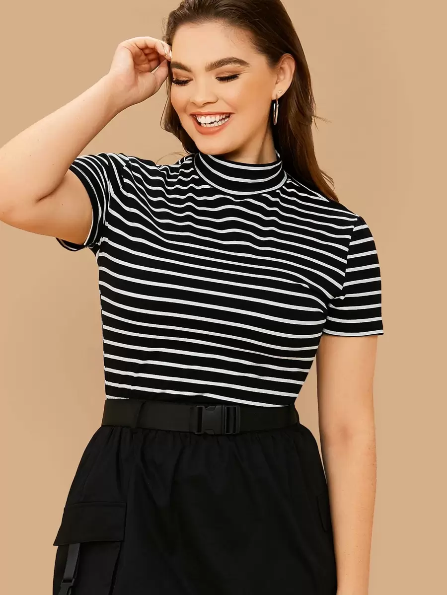 SHEIN Essnce Áo thun sọc tay ngắn cổ bẻ Plus, mùa hè - Đen và trắng - Xem 1
